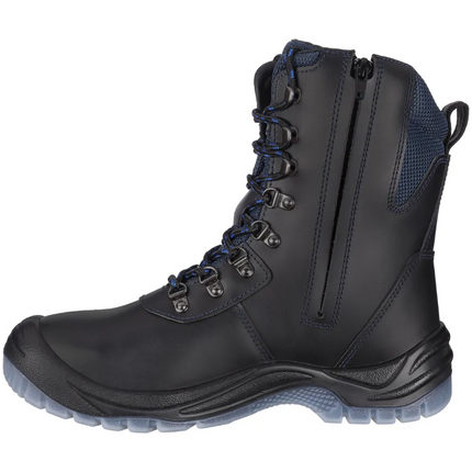 Schwarzer Winter Sicherheitsstiefel Oslo S3S aus beschichtetem Leder mit blauem Webpelzfutter, Schnürung und YKK-Reißverschluss.