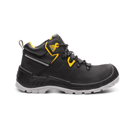Schwarzer Monitor Midway S3 Sicherheitsstiefel aus geöltem Leder mit gelben Akzenten und grauer Sohle.