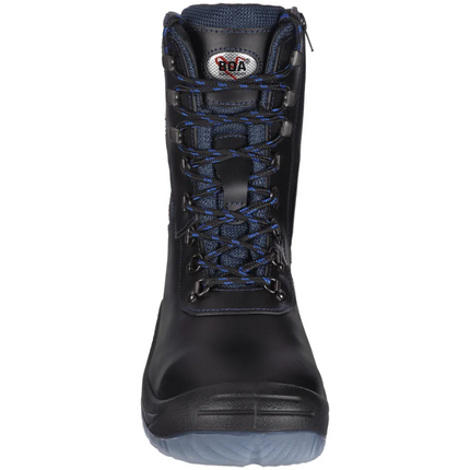 Schwarzer Winter Sicherheitsstiefel Oslo S3S aus beschichtetem Leder mit blauen Schnürsenkeln und Webpelzfutter.