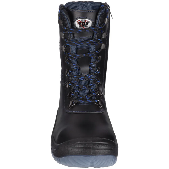 Schwarzer Winter Sicherheitsstiefel Oslo S3S aus beschichtetem Leder mit blauen Schnürsenkeln und Webpelzfutter.