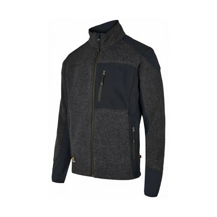 Dunkelgraue Hans Schäfer Strickfleecejacke mit verstärkten Schulterpartien, Brusttasche und robusten Reißverschlüssen.