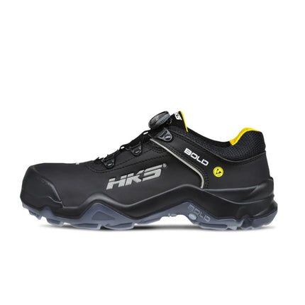 Schwarzer HKS Speed 1 VTP Sicherheitshalbschuh mit BOA Drehverschluss und gelben Akzenten.