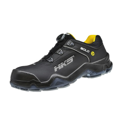 Schwarzer HKS Speed 1 VTP BOA Sicherheitshalbschuh mit gelben Akzenten und Drehverschluss.