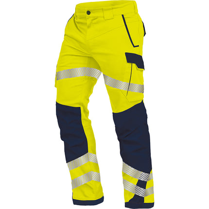 Vizwell Warnschutz Bundhose Flex Hi Vis in leuchtendem Gelb mit marineblauen Kontrasten und reflektierenden Streifen.