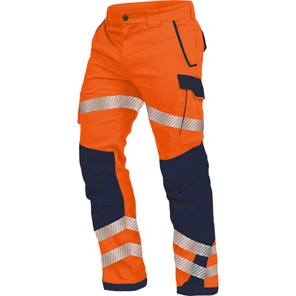 Orange Vizwell Warnschutz Bundhose Flex Hi Vis mit reflektierenden Streifen und marineblauen Kontrasteinsätzen.
