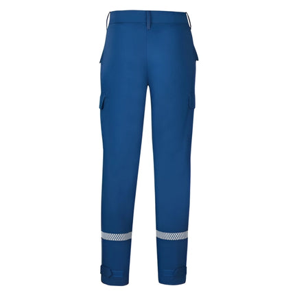 Blaue Jugendfeuerwehr Bundhose von Watex mit segmentierten Reflexstreifen und praktischen Taschen.
