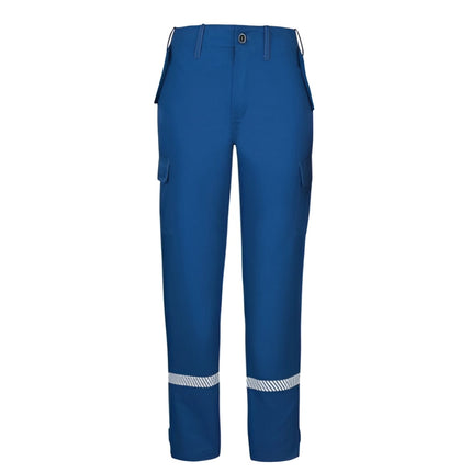 Blaue Jugendfeuerwehr Bundhose von Watex aus Baumwoll-Mischgewebe mit segmentierten Reflexstreifen und Taschen.