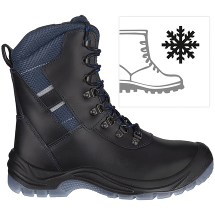 Schwarzer Winter Sicherheitsstiefel Oslo S3S mit blauen Akzenten, Schnürsenkeln und Webpelzfutter.