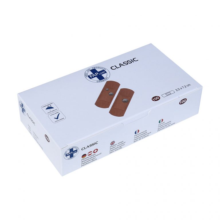 Klassische Pflasterbox mit 100 langen Pflastern der Größe 2x5cm x 7,2cm