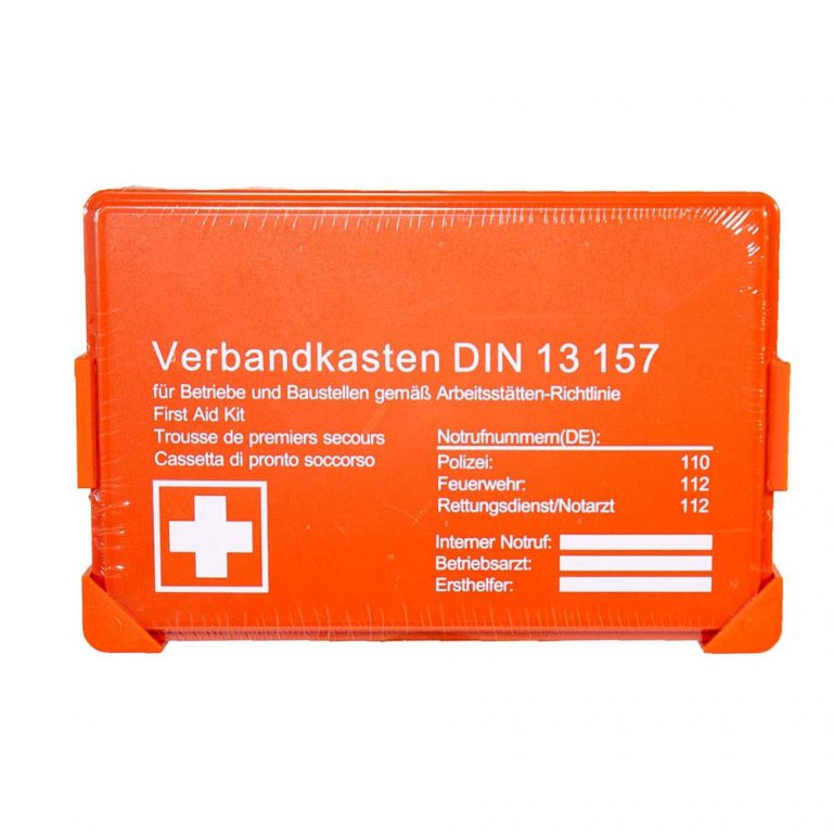 Verbandkasten mit DIN 13 157 für Betriebe und Baustellen gemäß Arbeitsstätten Richtlinien in der Farbe Orange und in kompakter Mini Größe
