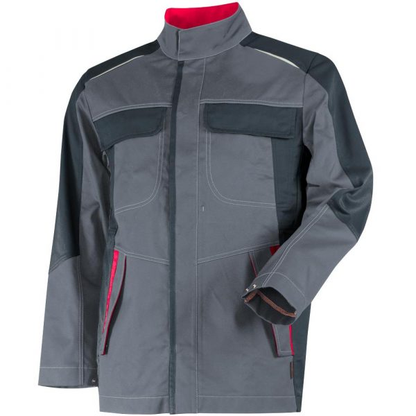 teamdress ecoRover Safety Plus Multinorm Arbeitsjacke mit Störlichtbogenklasse 2 und Chemikalienschutz in Grau Rot
