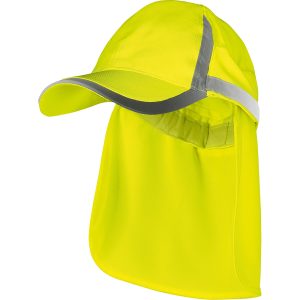 Eine warngelbe UV Schutz Kappe mit Nackenschutz